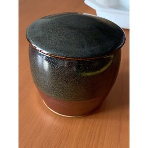HANDMADE 2pc Brown & Green Stoneware Butter Keeper Crock Signed by Mike Yoder